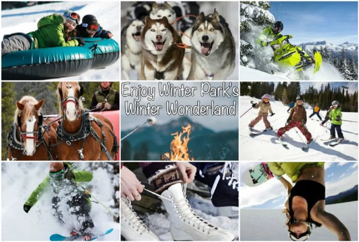 A lively winter scene with people enjoying snow tubing, dog sledding, snowmobiling, skiing, snowboarding, ice skating, and horse-drawn sleigh rides. The landscape is blanketed in snow and bursting with joyful activity.