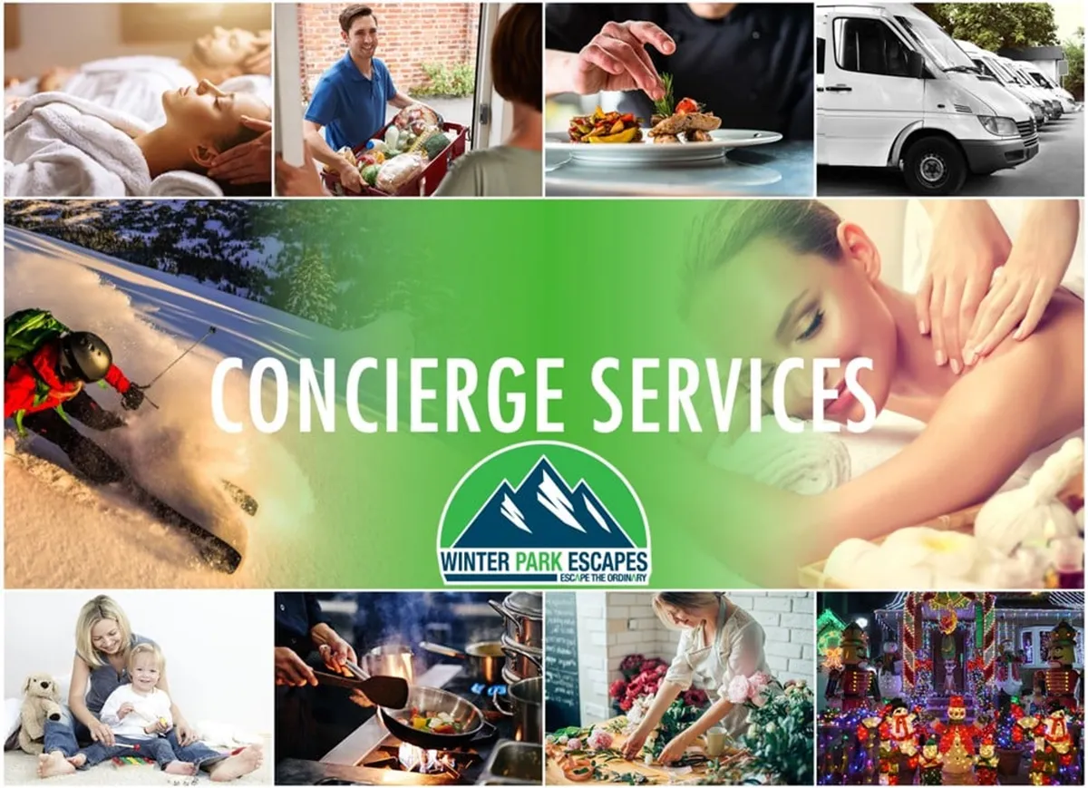A collage-like image featuring text and visuals that illustrate a range of luxury concierge services, such as spa treatments, gourmet dining, family activities, outdoor adventures, and transportation. The image conveys the breadth of curated experiences available for guests, from relaxing massages to chef-prepared meals and organized outings.