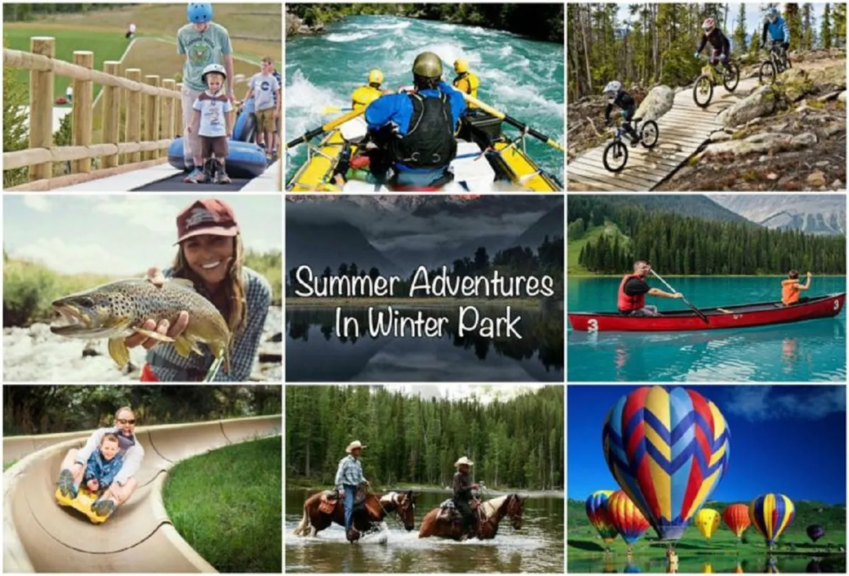 This vibrant exterior image features families participating in a range of outdoor adventures, including white water rafting, mountain biking, fishing, kayaking, horseback riding, sliding down a waterslide, and even hot air ballooning, all set against colorful and scenic landscapes.